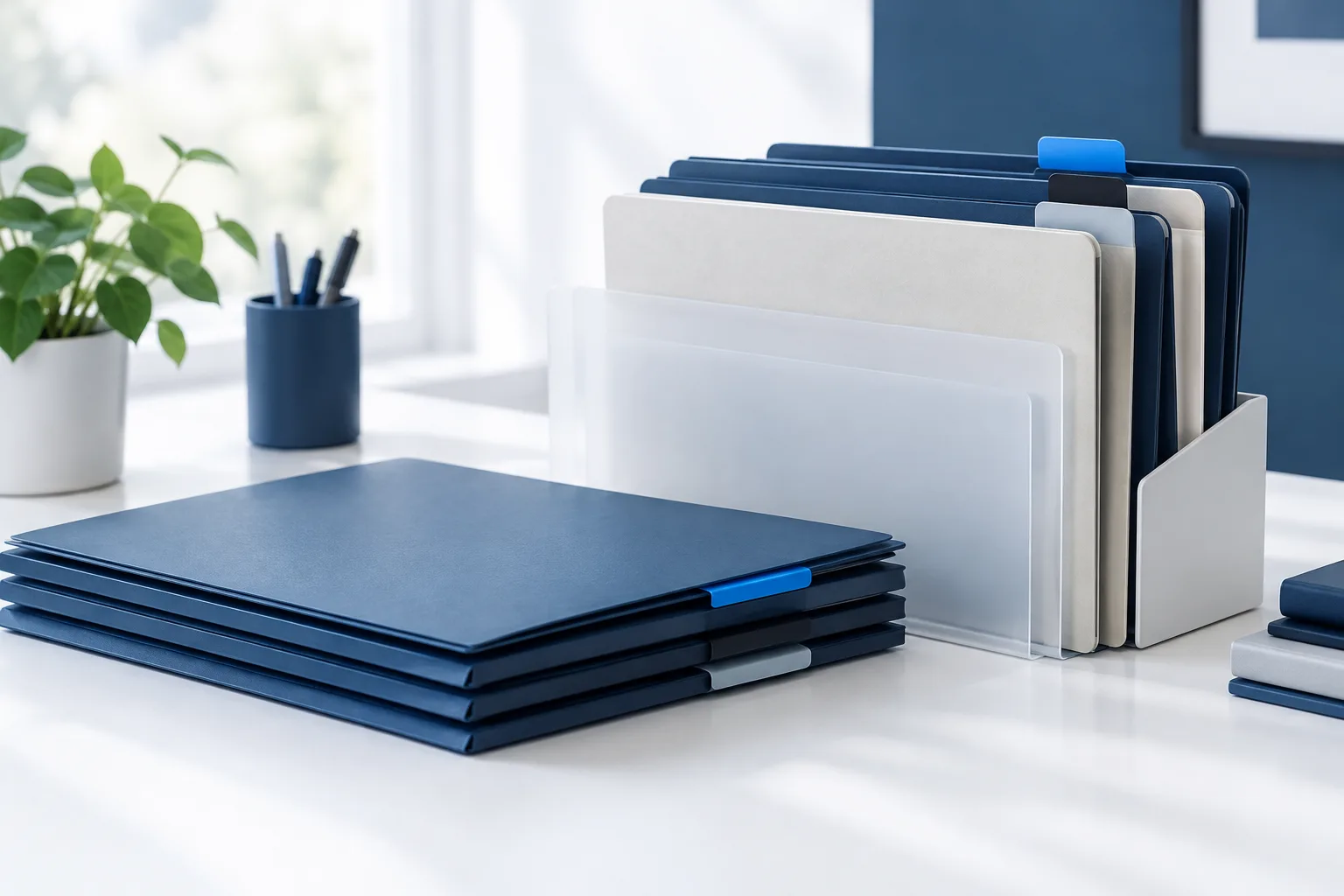 Neatly arranged folders separated by translucent dividers on a desk.