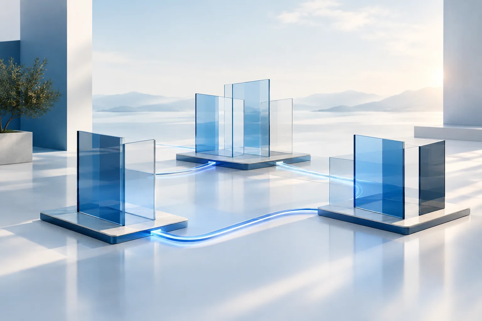 Abstract glass panels arranged in a connected, orderly pattern.